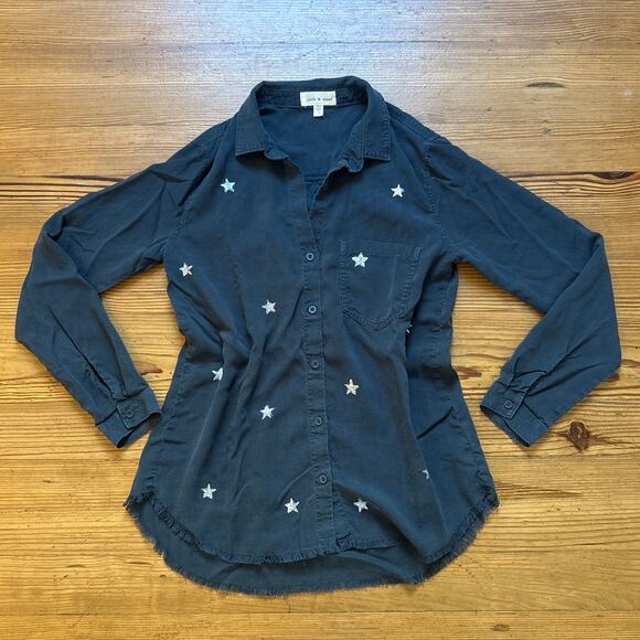 Cloth & Stone blue silver star plunge neckline button long sleeve shirt SIZE S - Picture 1 of 7